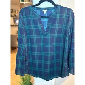 J Crew Womens Blouse Split Neck Preppy Plaid Green Blue Bell Sleeve S 4-8